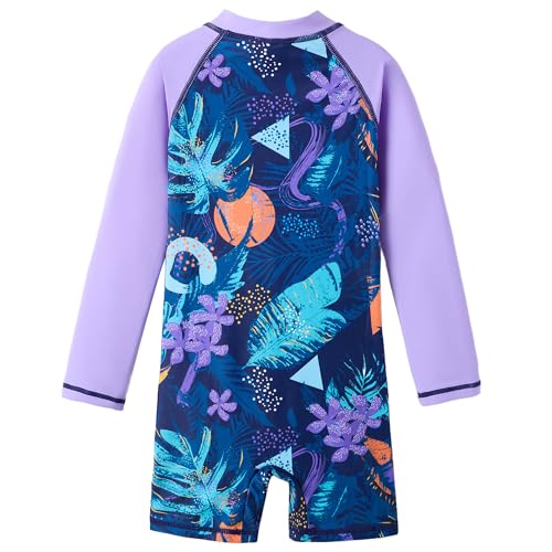 UMELOK Girls Rash Guard Swimsuits Long Sleeve One Piece Swimwear with UPF 50+ Sun Protection Zipper Bathing Suits Black Purple Green Plants,6Y - Image 2