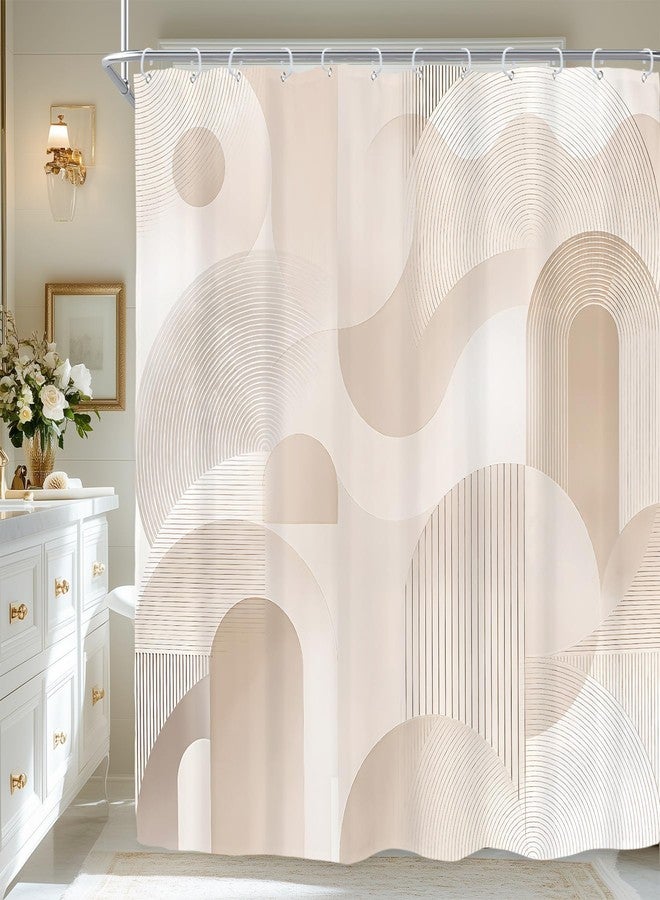 ريديكور ستارة حمام من رييديكور، بيج، بتصميم تجريدي، مقاس 72 بوصة عرض × 72 بوصة ارتفاع، بنمط هندسي نصف دائري بسيط، مصنوعة من قماش بوليستر مقاوم للماء، مع 12 خطافًا بلاستيكيًا. - Image 1