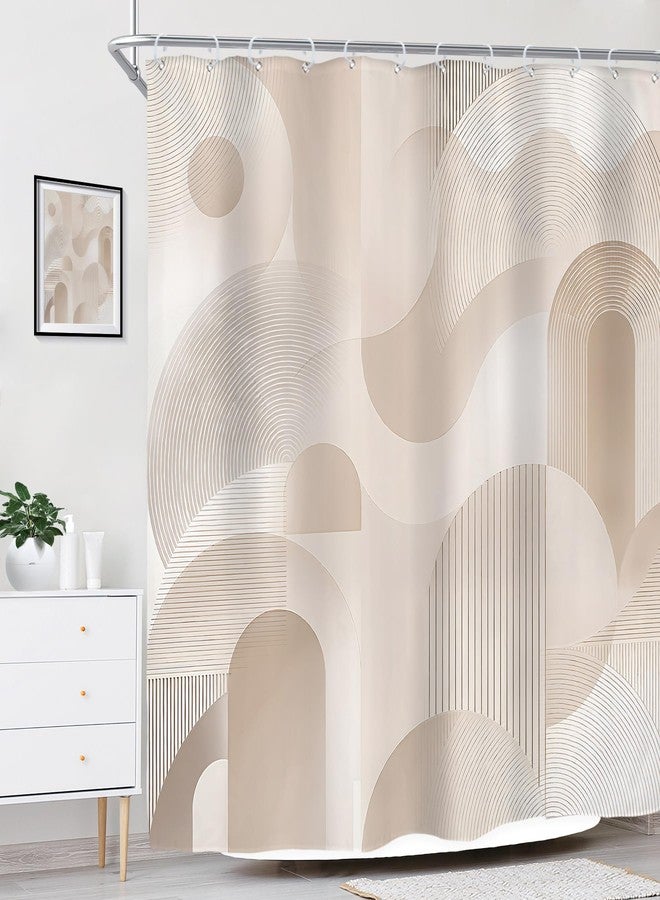 ريديكور ستارة حمام من رييديكور، بيج، بتصميم تجريدي، مقاس 72 بوصة عرض × 72 بوصة ارتفاع، بنمط هندسي نصف دائري بسيط، مصنوعة من قماش بوليستر مقاوم للماء، مع 12 خطافًا بلاستيكيًا. - Image 3
