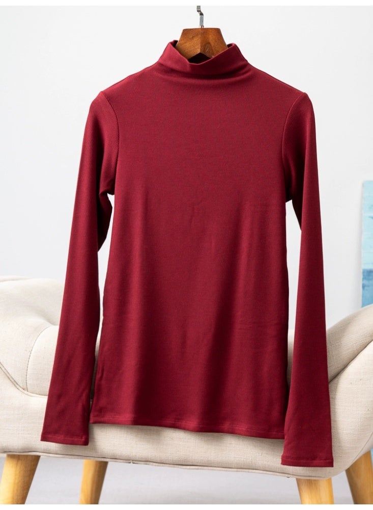 NIBEMINENT Silk-silk Base Layer Blouse For Women In  Warm Clothing With A Semi-high Collar  Layer With Added Fleece And Ribbed T-shirt Top - Image 1