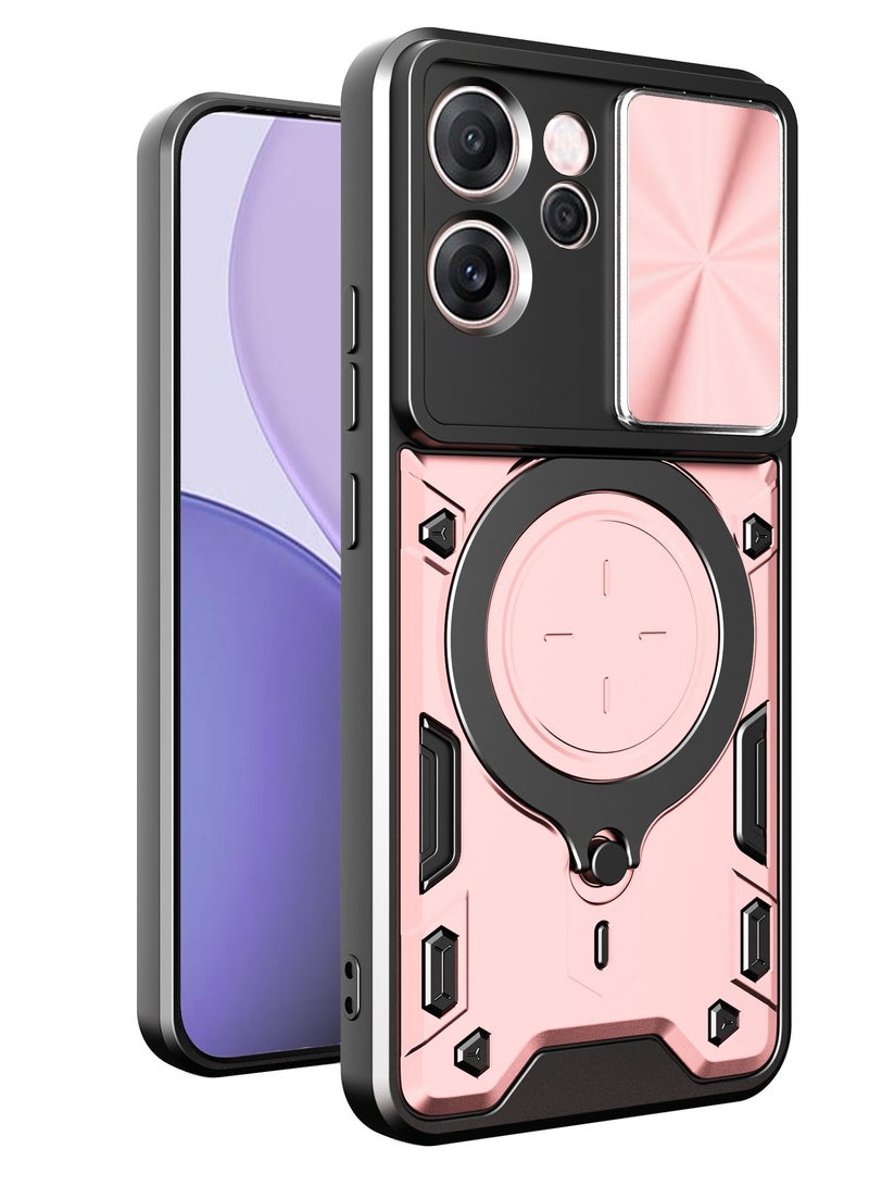 Case Cover Shockproof CD Protective Case with Camera Protection and Metal Ring Compatible with Oppo Reno 14F (Rose Gold)