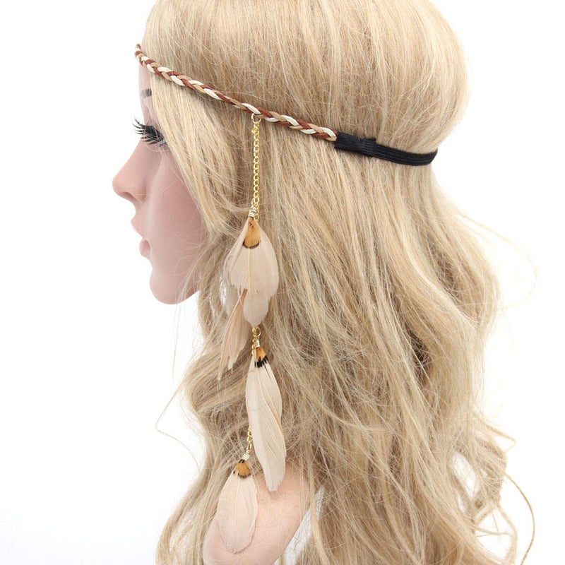 Numblartd Stylish Boho Hippie Feather Hair Band Headband  Indian Vintage Elastic Head Wrap Hair Accessories Headdress for Lady Women Beige