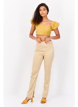 ESPRIT Women Regular Fit Solid Straight Leg Pants, Beige  - Image 2