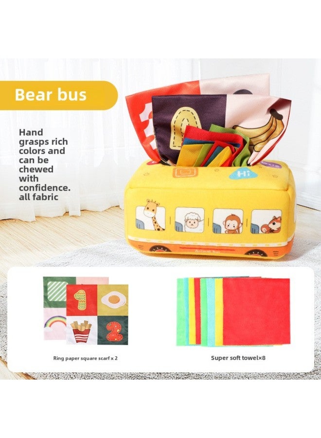 Children's Tearable Paper Toy 0-1 Year Old Education Intelligence Enhancement Tissue Box Baby Finger Exercise Sound Paper Toy-Color:Bus Napkin Box (with 8 Flannel +2 Paper + Zipper + Elastic Belt)  - Image 1