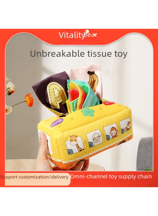 Children's Tearable Paper Toy 0-1 Year Old Education Intelligence Enhancement Tissue Box Baby Finger Exercise Sound Paper Toy-Color:Bus Napkin Box (with 8 Flannel +2 Paper + Zipper + Elastic Belt)  - Image 2