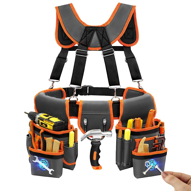 TEKCHIC Tool Belt, Professional Tool Belts for Men, Magnetic Tool Pouch With Suspenders, Heavy Duty Detachable Adjustable Utility Belt Work Bags for Electrician, Carpenter (Gray and Orange, 32''-66'') - Image 1