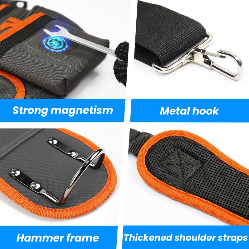 TEKCHIC Tool Belt, Professional Tool Belts for Men, Magnetic Tool Pouch With Suspenders, Heavy Duty Detachable Adjustable Utility Belt Work Bags for Electrician, Carpenter (Gray and Orange, 32''-66'') - Image 3