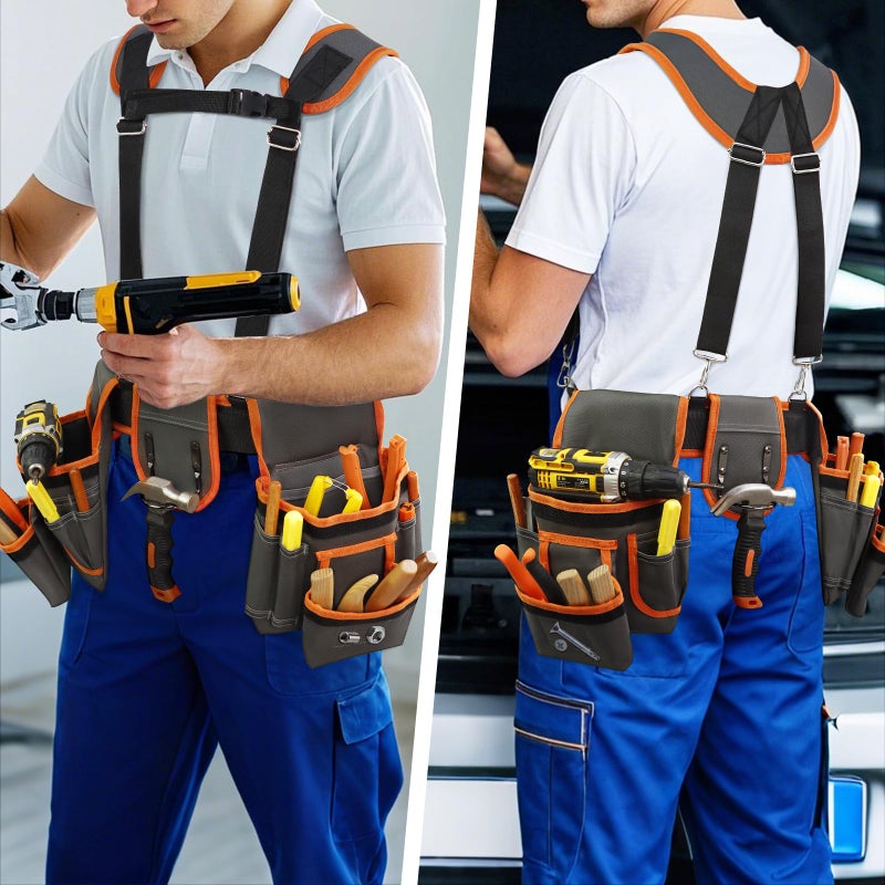 TEKCHIC Tool Belt, Professional Tool Belts for Men, Magnetic Tool Pouch With Suspenders, Heavy Duty Detachable Adjustable Utility Belt Work Bags for Electrician, Carpenter (Gray and Orange, 32''-66'') - Image 2