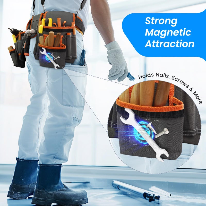 TEKCHIC Tool Belt, Professional Tool Belts for Men, Magnetic Tool Pouch With Suspenders, Heavy Duty Detachable Adjustable Utility Belt Work Bags for Electrician, Carpenter (Gray and Orange, 32''-66'') - Image 5