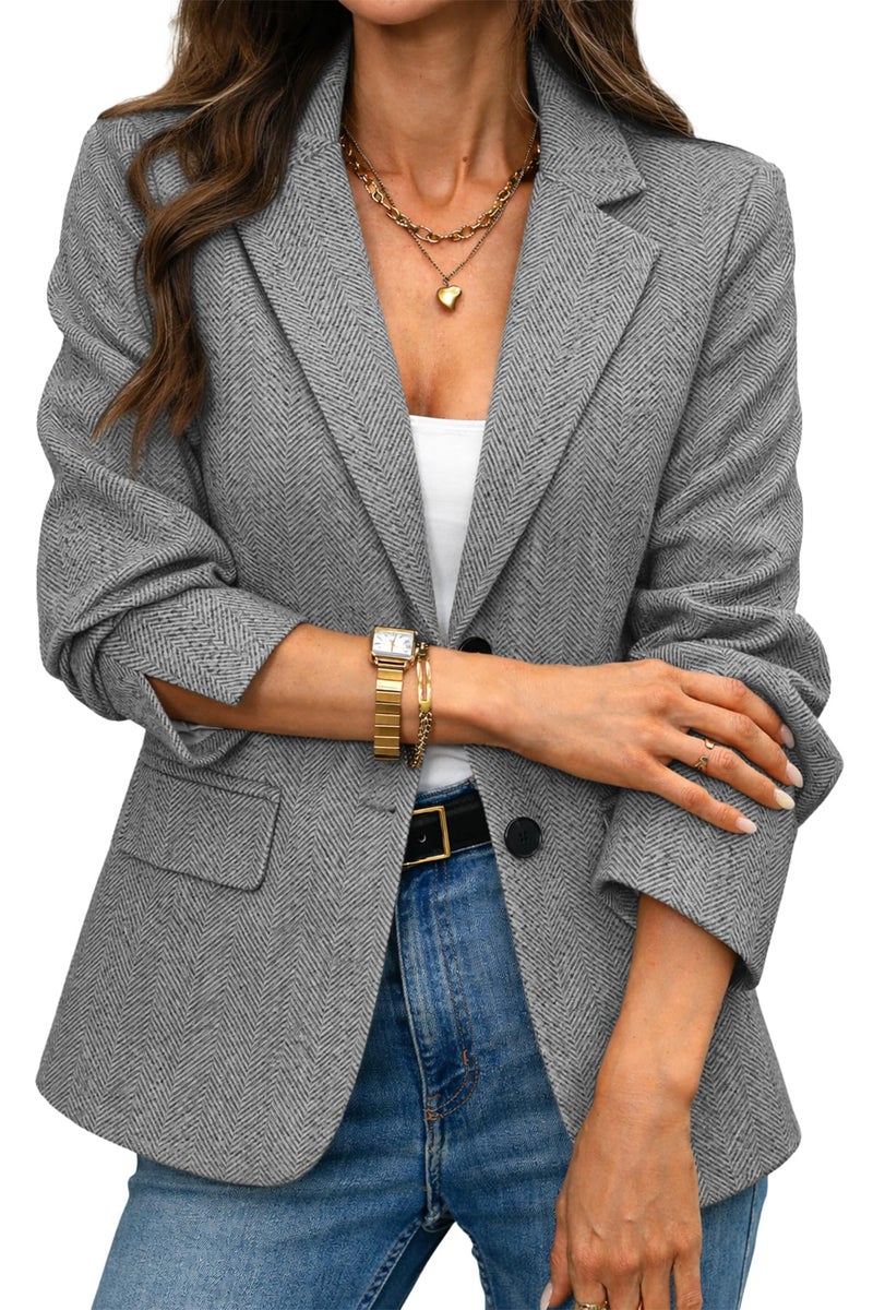 ELLEVEN Womens Business Casual Herringbone Tweed Blazers 2 Button Jackets Slim Fit Lightweight Long Sleeve Suit Work Office Blazer with Pockets Dressy Trendy Outfits Fall Winter Grey Medium - Image 1