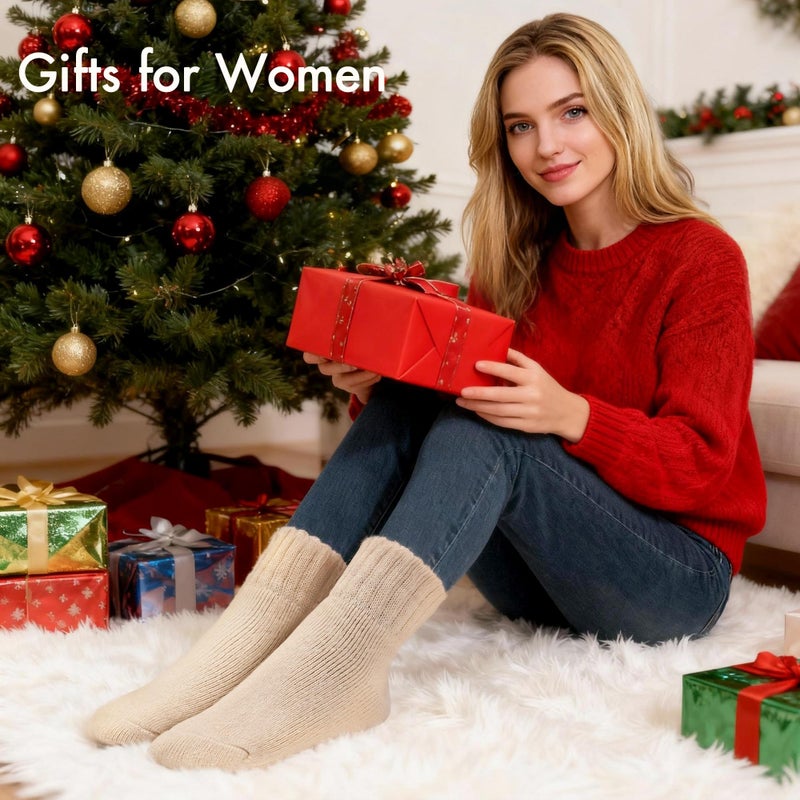 HONGTEYA Boot Socks for Women, Thick Warm Winter Crew Socks Cozy Soft Wool Full Cushioned Christmas Stocking Stuffer Gift(Beige/White) - Image 3