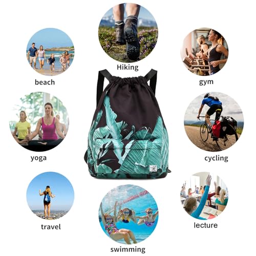 Risefit حقيبة ريزي فيت المقاومة للماء بحبل سحب، حقيبة رياضية، حقيبة شاطئ للرجال والنساء (أوراق الموز السوداء) - Image 5