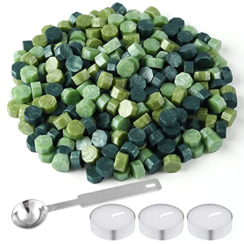 FEPITO 300 Pcs Octagon Sealing Wax Beads with 3 Pcs Tea Candles and 1 Pcs Wax Melting Spoon for Wax Stamp Sealing (Green Mix) - Image 1
