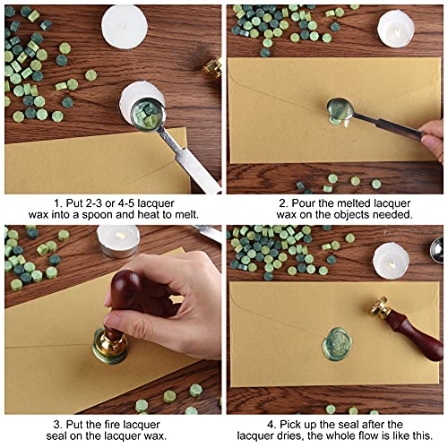 FEPITO 300 Pcs Octagon Sealing Wax Beads with 3 Pcs Tea Candles and 1 Pcs Wax Melting Spoon for Wax Stamp Sealing (Green Mix) - Image 3