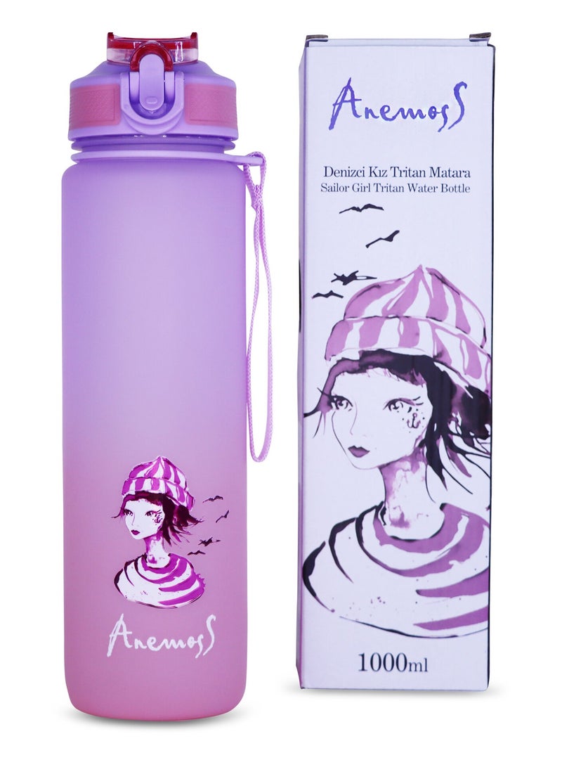 Anemoss Sailor Girl Tritan Water Bottle 1000 ml / 33.8 oz,  Quality Material, Exclusive Design, Versatile and Durable, BPA-Free - Portable with Strap Attachment - Suitable for Sports and Travel - Pink Color - Image 3