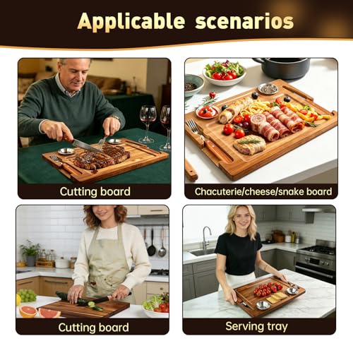 MAVOTER 2 Set Acacia Wood Steak Plates Board with Knife Fork Ramekins,Knife-Friendly Food Serving Tray Deep Juice Groove Charcuterie Meat Cutting Boards for Dinner BBQ Party Restaurant & Housewarming Gifts - Image 4