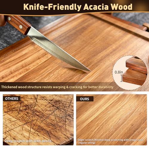 MAVOTER 2 Set Acacia Wood Steak Plates Board with Knife Fork Ramekins,Knife-Friendly Food Serving Tray Deep Juice Groove Charcuterie Meat Cutting Boards for Dinner BBQ Party Restaurant & Housewarming Gifts - Image 5