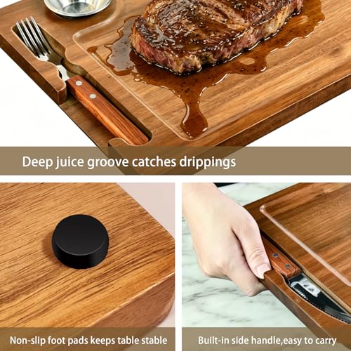 MAVOTER 2 Set Acacia Wood Steak Plates Board with Knife Fork Ramekins,Knife-Friendly Food Serving Tray Deep Juice Groove Charcuterie Meat Cutting Boards for Dinner BBQ Party Restaurant & Housewarming Gifts - Image 2