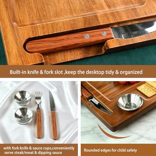 MAVOTER 2 Set Acacia Wood Steak Plates Board with Knife Fork Ramekins,Knife-Friendly Food Serving Tray Deep Juice Groove Charcuterie Meat Cutting Boards for Dinner BBQ Party Restaurant & Housewarming Gifts - Image 3