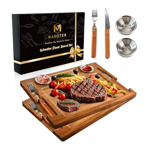 MAVOTER 2 Set Acacia Wood Steak Plates Board with Knife Fork Ramekins,Knife-Friendly Food Serving Tray Deep Juice Groove Charcuterie Meat Cutting Boards for Dinner BBQ Party Restaurant & Housewarming Gifts - Image 1