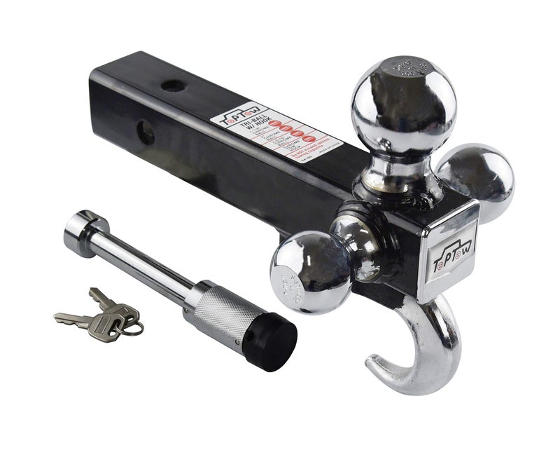TOPTOW 64180L Trailer Receiver Hitch Triple Ball Mount with Hook Fits for 2 inch Receiver Chrome Balls 2 inch Shank with 58 inch Lock