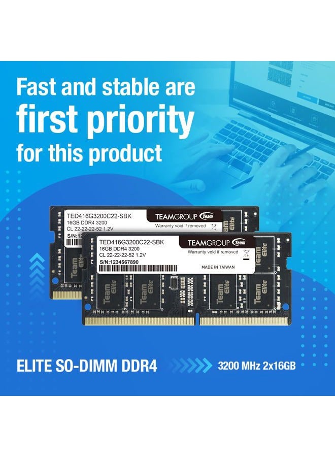 TeamGroup Elite DDR4 32GB Kit (2 x 16GB) 3200MHz (2933MHz or 2666MHz) PC4-25600 CL22 Unbuffered Non-ECC 1.2V SODIMM 260-Pin Laptop Notebook PC Computer Memory Module Ram Upgrade - TED432G3200C22DC-S01 - Image 2