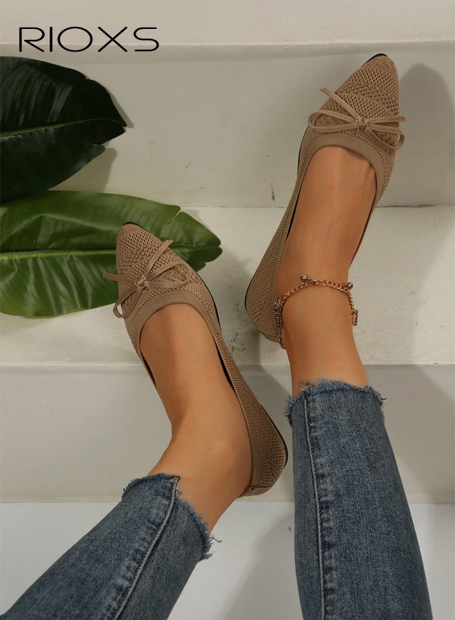 ريوكس حذاء باليه نسائي، حذاء مسطح أنيق بمقدمة مدببة وعقدة، حذاء مريح وأنيق للسيدات، حذاء باليه نسائي ناعم ومريح، حذاء مسطح بلون موحد سهل الارتداء للعمل، مناسب للمواعدة/السفر/الارتداء اليومي - كاكي - Image 3