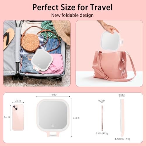 DESCHEN Rechargeable Travel Makeup Vanity Mirror with Lights and Magnification, 7" Portable 1X/10X Magnifying Mirror with 3 Color Light, Lighted Makeup Mirror with Magnification, Folding LED - Pink - Image 5