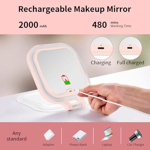DESCHEN Rechargeable Travel Makeup Vanity Mirror with Lights and Magnification, 7" Portable 1X/10X Magnifying Mirror with 3 Color Light, Lighted Makeup Mirror with Magnification, Folding LED - Pink - Image 3