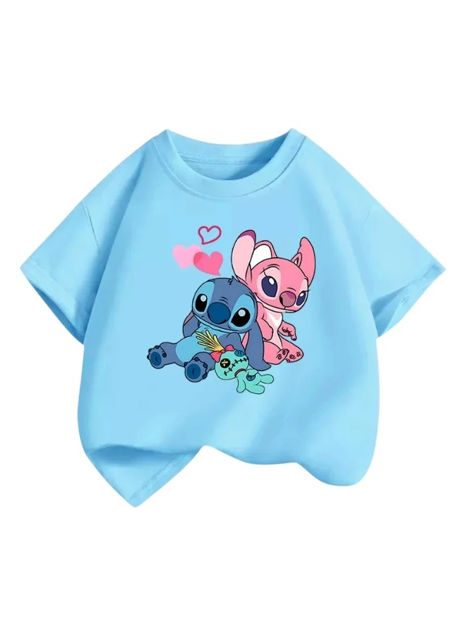 Bidani Girls Stitch Alien Cartoon  T-Shirt-Sky Blue