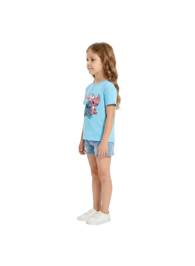 Bidani Girls Stitch Alien Cartoon  T-Shirt-Sky Blue