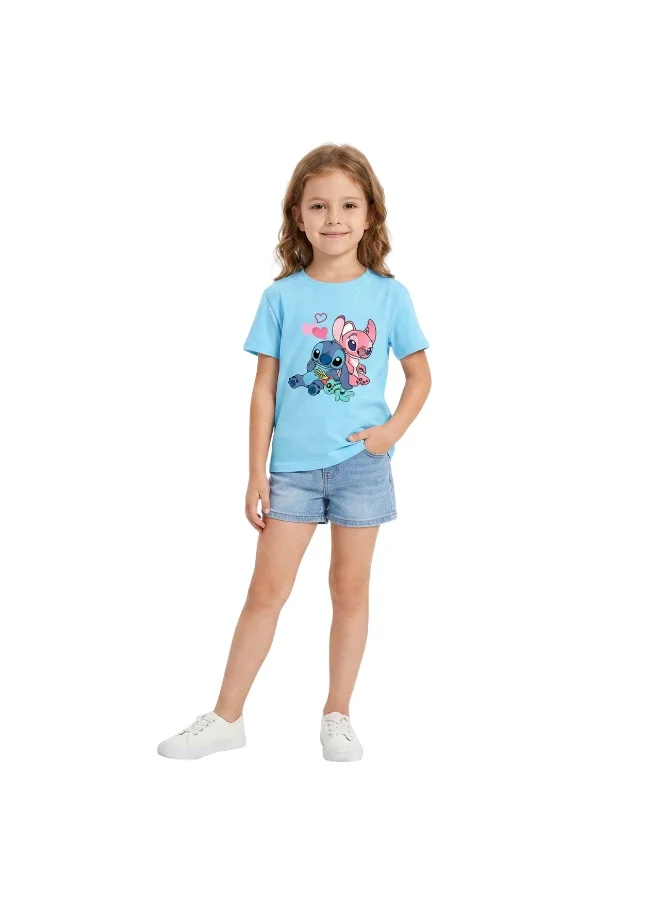 بيداني Girls Stitch Alien Cartoon  T-Shirt-Sky Blue