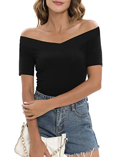 Sarin Mathews Womens Off The Shoulder Short Sleeve Tops Slim Fit Blouse Shirts Black L - Image 1