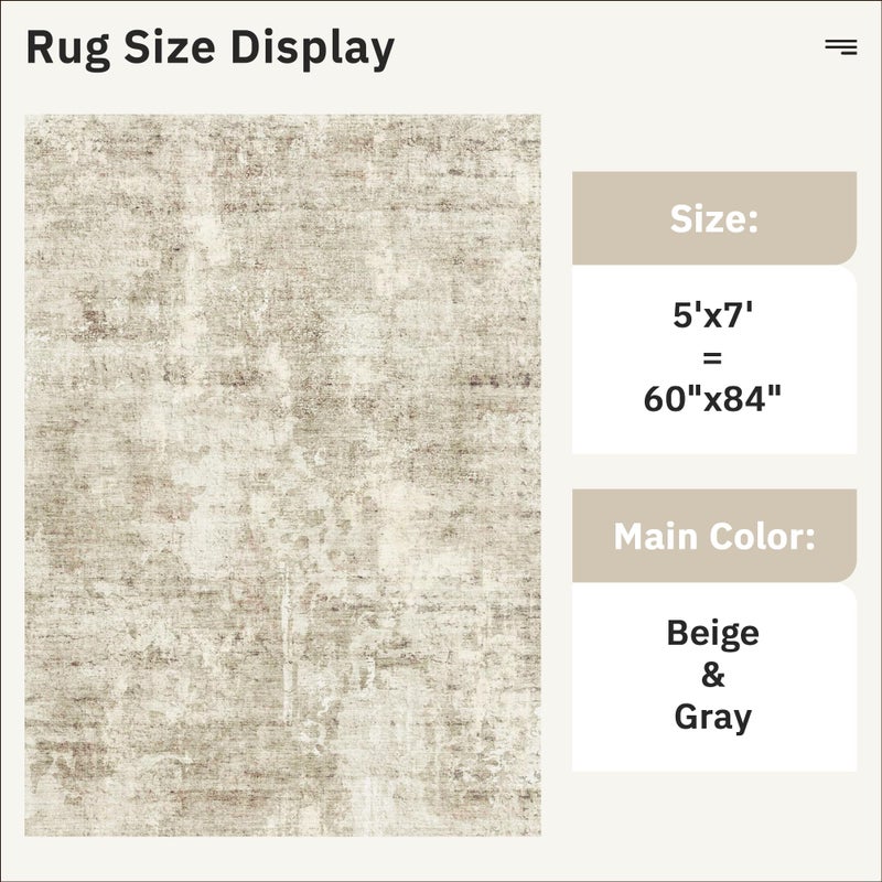 Soalmost Abstract Rug 5x7 Machine Washable Area Indoor Beige Gray White Low Pile Non-Slip Foldable Thin Accent Rugs for Bedroom Living Room Dining Room Grey - Image 3