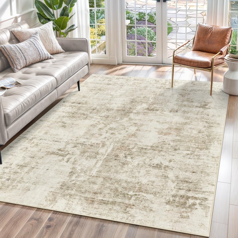 Soalmost Abstract Rug 5x7 Machine Washable Area Indoor Beige Gray White Low Pile Non-Slip Foldable Thin Accent Rugs for Bedroom Living Room Dining Room Grey - Image 1