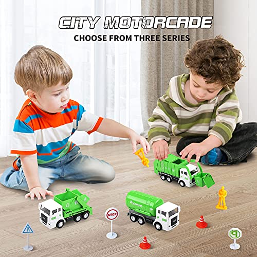 FIVEDAOGANG Toy Vehicles Set 3 Pack Sanitation Truck Car Model Garbage Trucks Water Tanker Playset with 8 Signpost Friction Power for Boys Age 3+ Toddlers Kids Holiday Birthday Gift Children - Image 3
