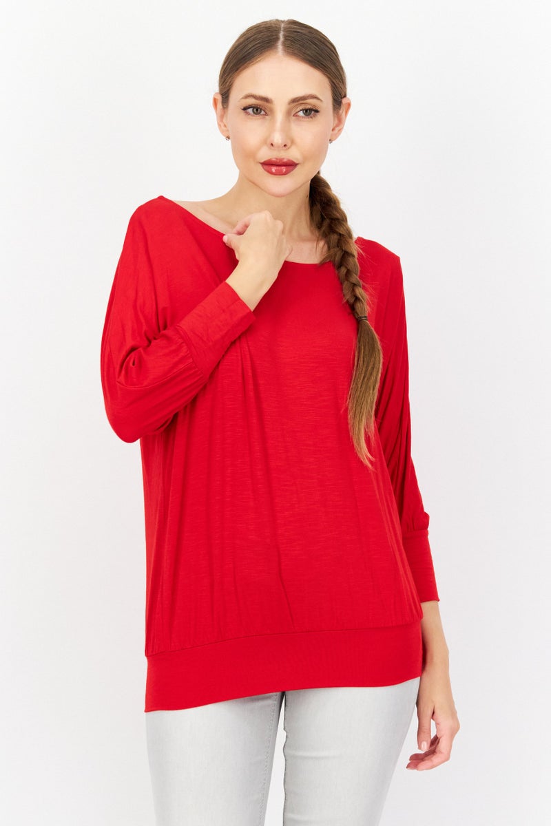 Zero Women Round Neck Long Sleeve Plain Blouse, Red - Image 1