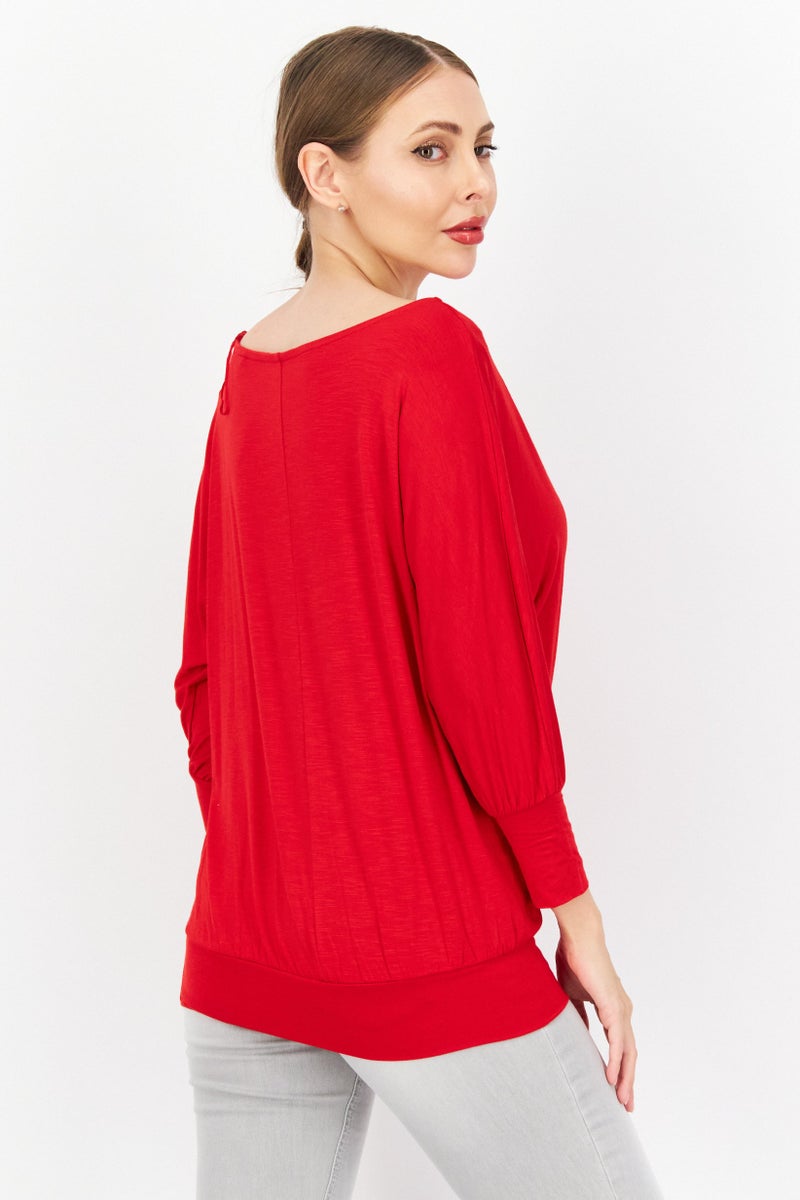 Zero Women Round Neck Long Sleeve Plain Blouse, Red - Image 2