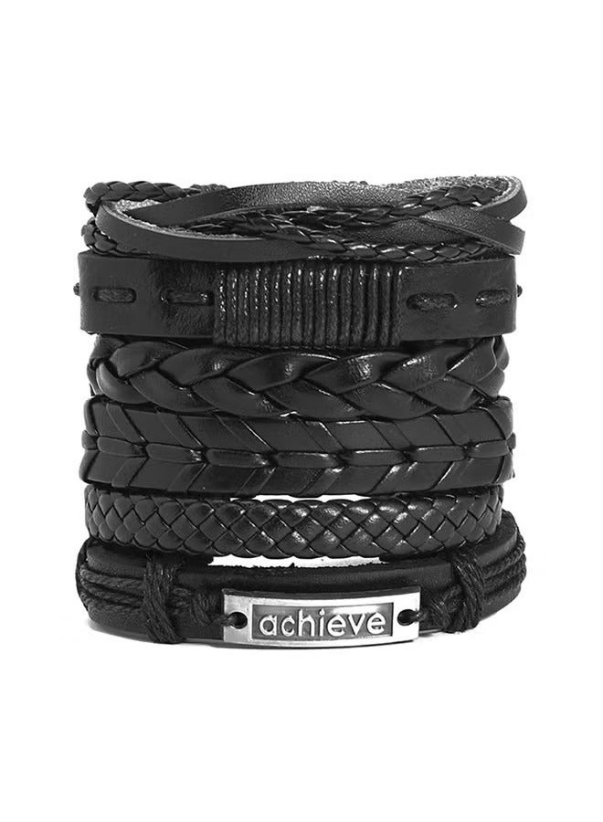 Believe 6 Pcs Woven Braided PU Leather Bracelet for Men Women Cool Wristbands Cuff Bracelets Multilayered Handmade Wrap Bracelets Adjustable Black - Image 1