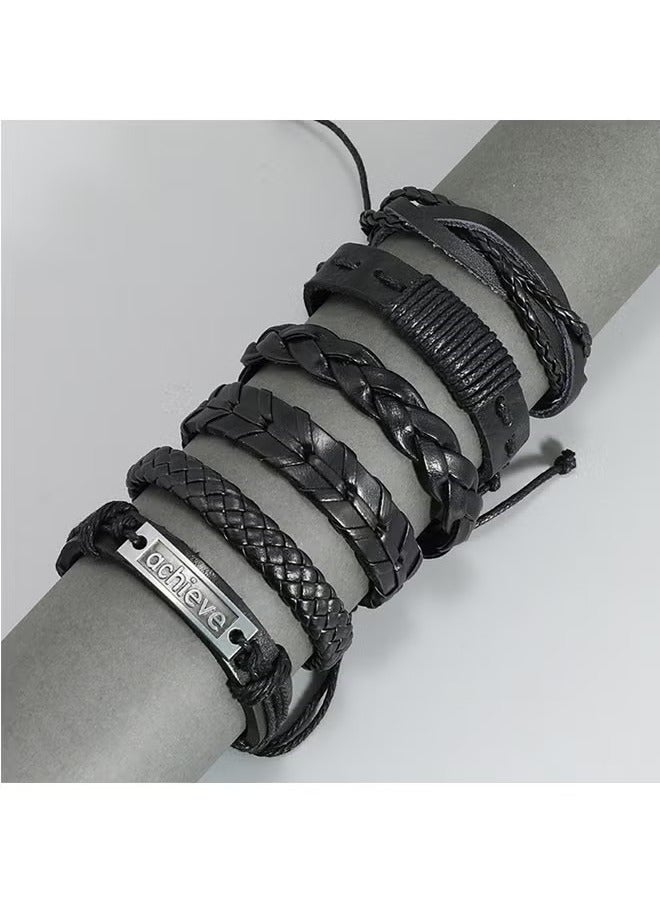 Believe 6 Pcs Woven Braided PU Leather Bracelet for Men Women Cool Wristbands Cuff Bracelets Multilayered Handmade Wrap Bracelets Adjustable Black - Image 3