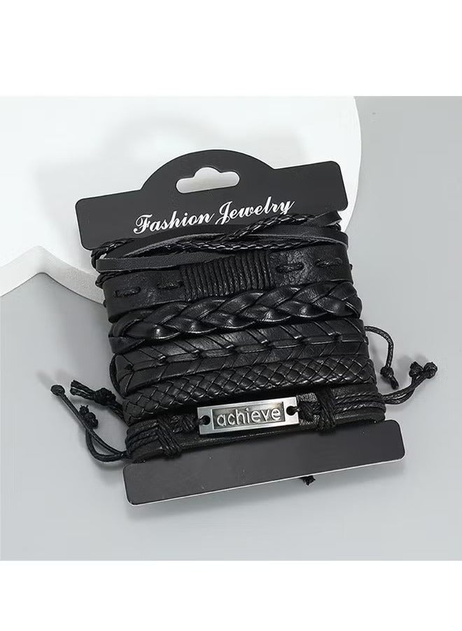 Believe 6 Pcs Woven Braided PU Leather Bracelet for Men Women Cool Wristbands Cuff Bracelets Multilayered Handmade Wrap Bracelets Adjustable Black - Image 5
