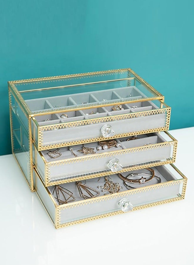 صندوق مجوهرات زجاجي منظم مجوهرات مخملي شفاف لتخزين المجوهرات مع أدراج لتنظيم وعرض الأقراط والأساور والقلائد والخواتم - Image 1