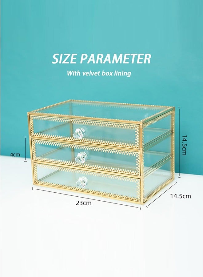 صندوق مجوهرات زجاجي منظم مجوهرات مخملي شفاف لتخزين المجوهرات مع أدراج لتنظيم وعرض الأقراط والأساور والقلائد والخواتم - Image 3