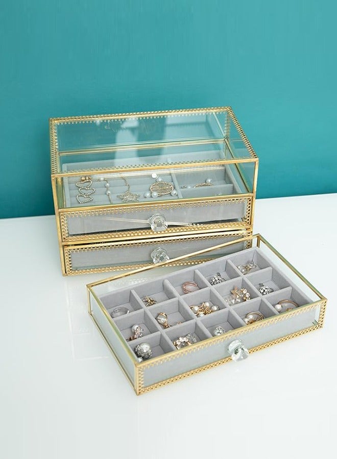صندوق مجوهرات زجاجي منظم مجوهرات مخملي شفاف لتخزين المجوهرات مع أدراج لتنظيم وعرض الأقراط والأساور والقلائد والخواتم - Image 2