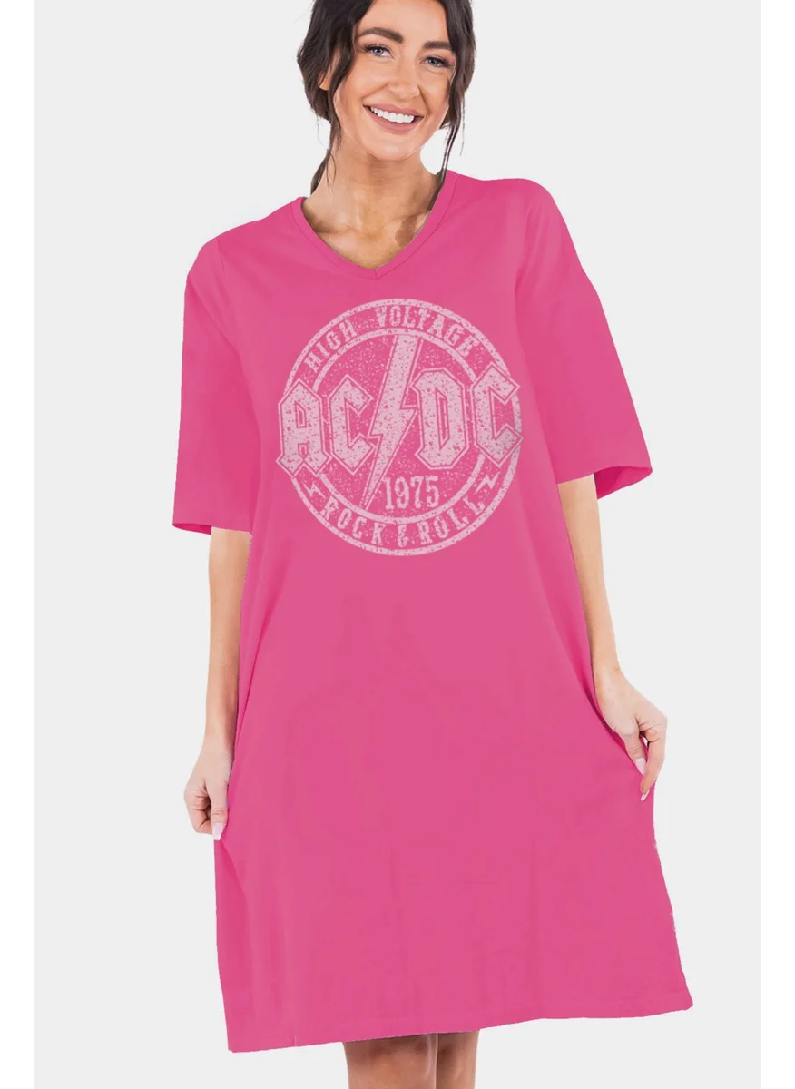 Rock&Roll Flat Acdc Fuchsia V Neck Half Sleeve Knee Length Home Dress Nightgown