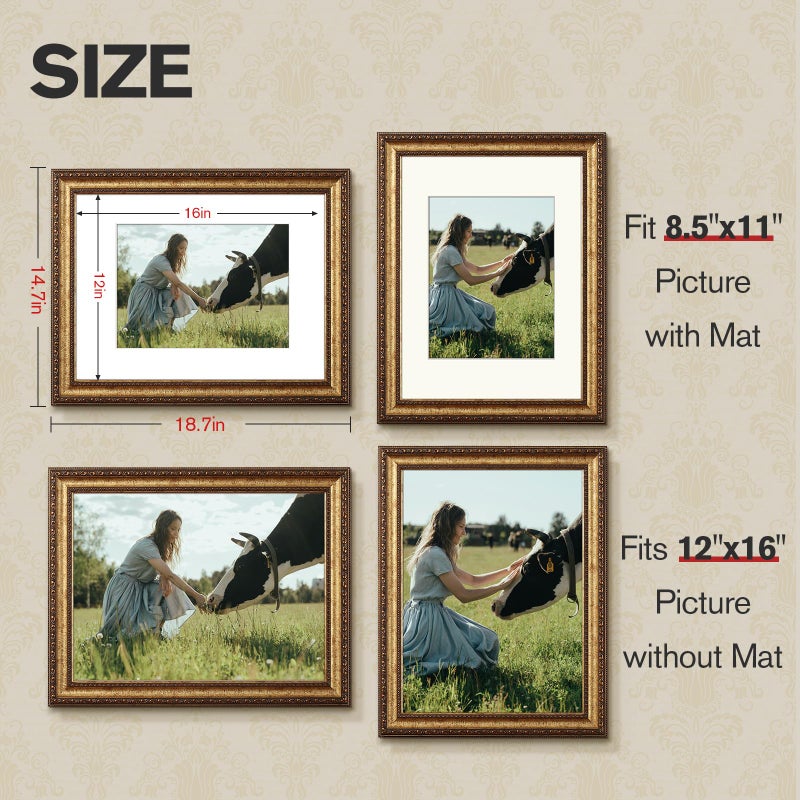 Splinterix 12x16 Gold Picture Frame, 2 Pack Ornate Vintage Picture Frames for Wall or Tabletop Display, 12x16 Photo Frame Gold with Real Glass, Display Poster 8.5x11 with Mat or 12 x 16 without Mat for Antique DÃ©co - Image 3