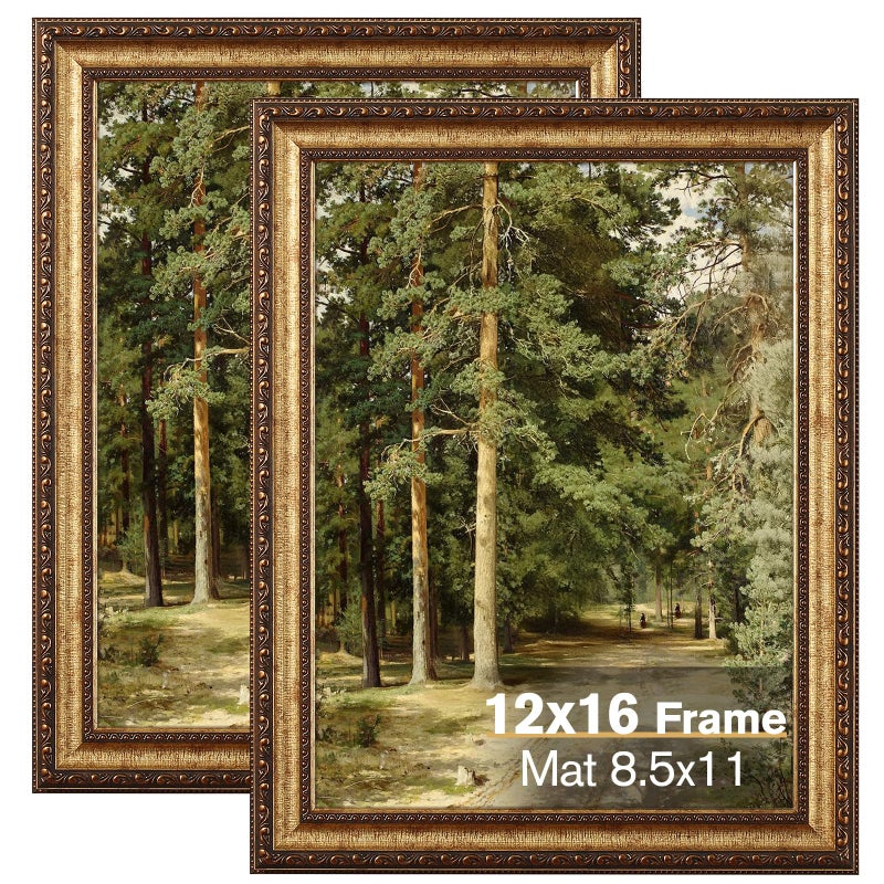 Splinterix 12x16 Gold Picture Frame, 2 Pack Ornate Vintage Picture Frames for Wall or Tabletop Display, 12x16 Photo Frame Gold with Real Glass, Display Poster 8.5x11 with Mat or 12 x 16 without Mat for Antique DÃ©co - Image 1