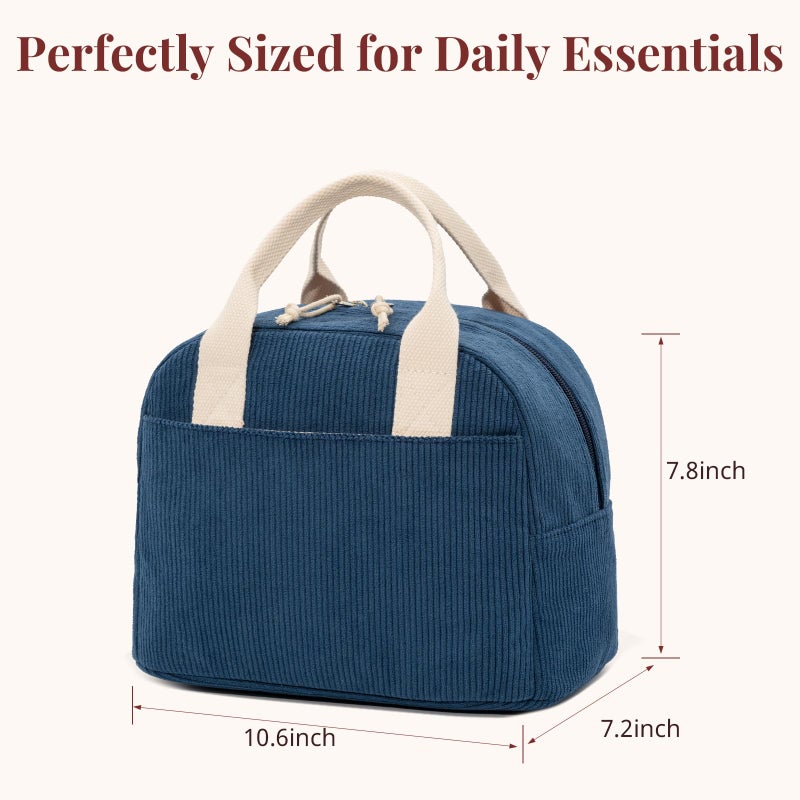 LOVELYWIND Insulated Navy Blue Lunch Bag for Women, Stylish Corduroy Tote with Aluminum Lining, Large Capacity Reusable Cooler for Work, Travel, or Beach, Beige Cream Water-Resistant Lunch Box - Image 4