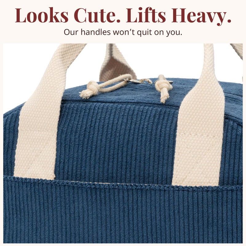 LOVELYWIND Insulated Navy Blue Lunch Bag for Women, Stylish Corduroy Tote with Aluminum Lining, Large Capacity Reusable Cooler for Work, Travel, or Beach, Beige Cream Water-Resistant Lunch Box - Image 5