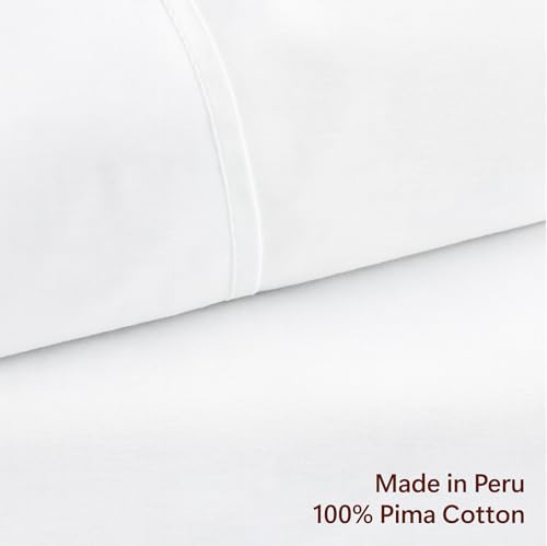 Peru Pima 285 Thread Count Percal King Sheet Set - 100% Peruvian Pima Cotton, 4 Piece (Flat, Fitted, 2 Pillowcases) - Cooling, Crisp, Deep Pocket, Hotel Quality Bedding - White - Image 3